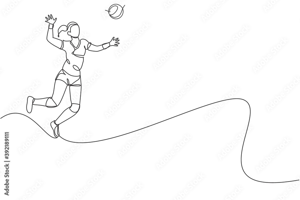Single continuous line drawing of female young volleyball athlete player in action jumping spike on court. Team sport concept. Competition game. Trendy one line draw design vector graphic illustration Single continuous line drawing of female young volleyball athlete player in action jumping spike on court. Team sport concept. Competition game. Trendy one line draw design vector graphic illustration