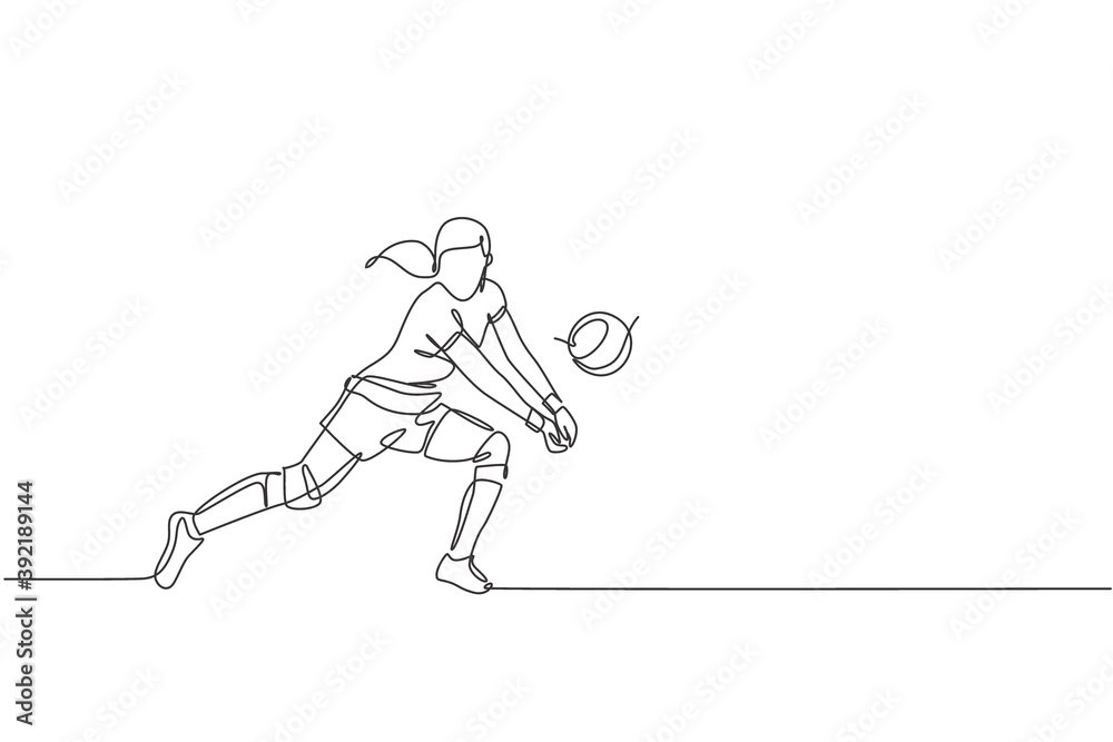 One continuous line drawing of young female professional volleyball player in action on court. Healthy competitive team sport concept. Dynamic single line draw design vector illustration graphic