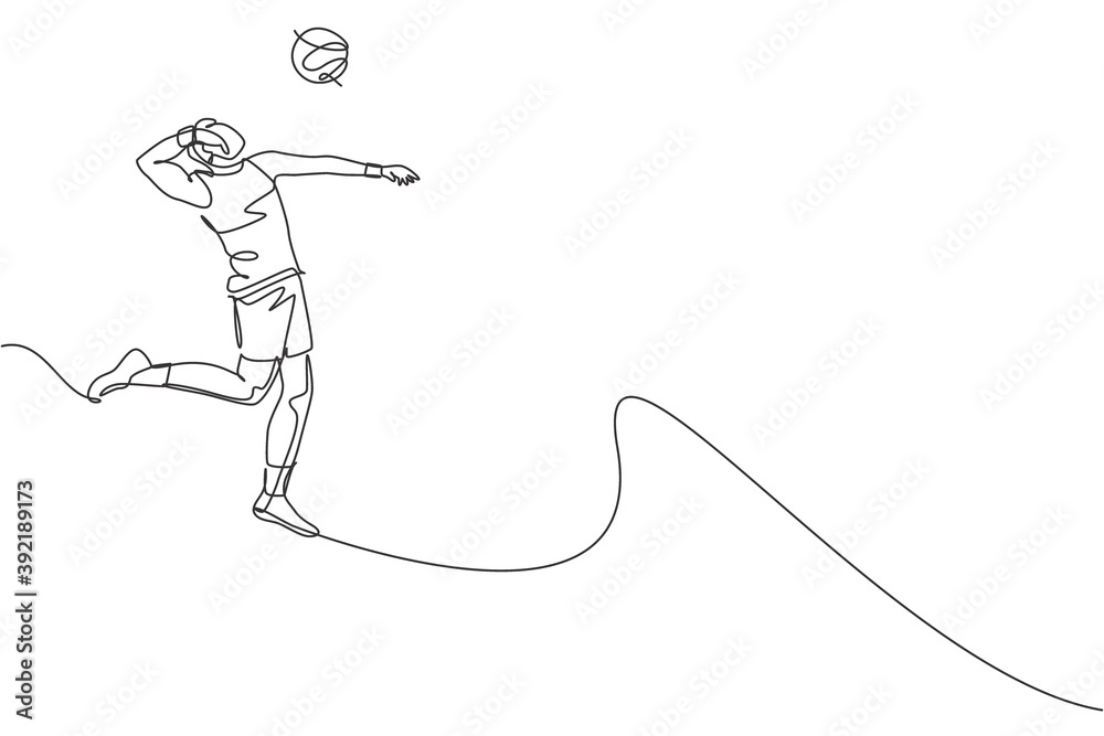 Single continuous line drawing of male young volleyball athlete player in action jumping spike on court. Team sport concept. Competition game. Trendy one line draw design vector graphic illustration Single continuous line drawing of male young volleyball athlete player in action jumping spike on court. Team sport concept. Competition game. Trendy one line draw design vector graphic illustration