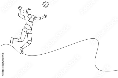 Single continuous line drawing of female young volleyball athlete player in action jumping spike on court. Team sport concept. Competition game. Trendy one line draw design vector graphic illustration
