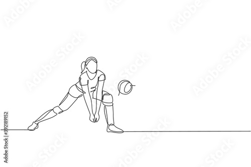 One single line drawing of young female professional volleyball player exercising block the ball on court vector illustration. Team sport concept. Tournament event.  Modern continuous line draw design