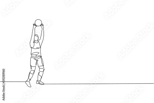One continuous line drawing of young male professional volleyball player in action on court. Healthy competitive team sport concept. Dynamic single line draw design graphic vector illustration