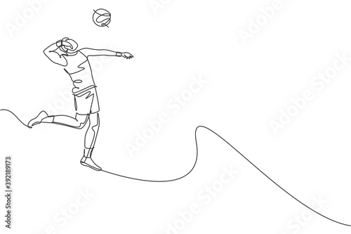 Single continuous line drawing of male young volleyball athlete player in action jumping spike on court. Team sport concept. Competition game. Trendy one line draw design vector graphic illustration