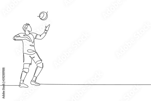 One continuous line drawing young male professional volleyball player in action serve ball on court. Healthy competitive team sport concept. Dynamic single line draw design graphic vector illustration