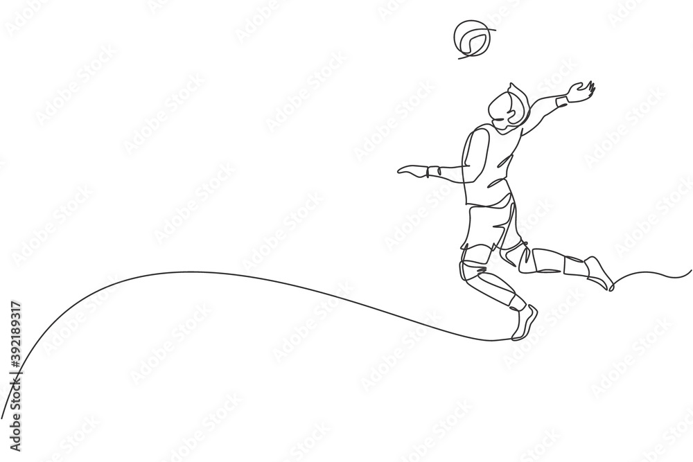 One single line drawing of young male professional volleyball player exercising jumping spike on court vector illustration. Team sport concept. Tournament event. Modern continuous line draw design One single line drawing of young male professional volleyball player exercising jumping spike on court vector illustration. Team sport concept. Tournament event. Modern continuous line draw design