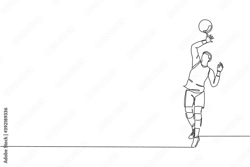 Single continuous line drawing of male young volleyball athlete player in action serve the ball on court. Team sport concept. Competition game. Trendy one line draw design vector graphic illustration Single continuous line drawing of male young volleyball athlete player in action serve the ball on court. Team sport concept. Competition game. Trendy one line draw design vector graphic illustration