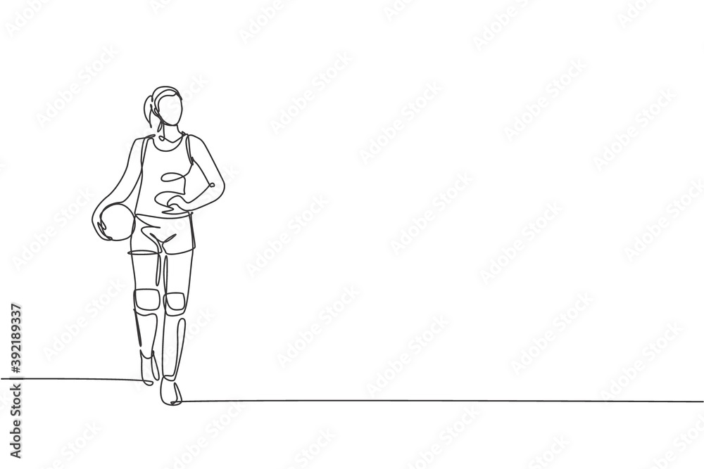 One single line drawing of young female professional volleyball player pose ready to take serve on court vector illustration. Team sport concept. Tournament event. Modern continuous line draw design One single line drawing of young female professional volleyball player pose ready to take serve on court vector illustration. Team sport concept. Tournament event. Modern continuous line draw design