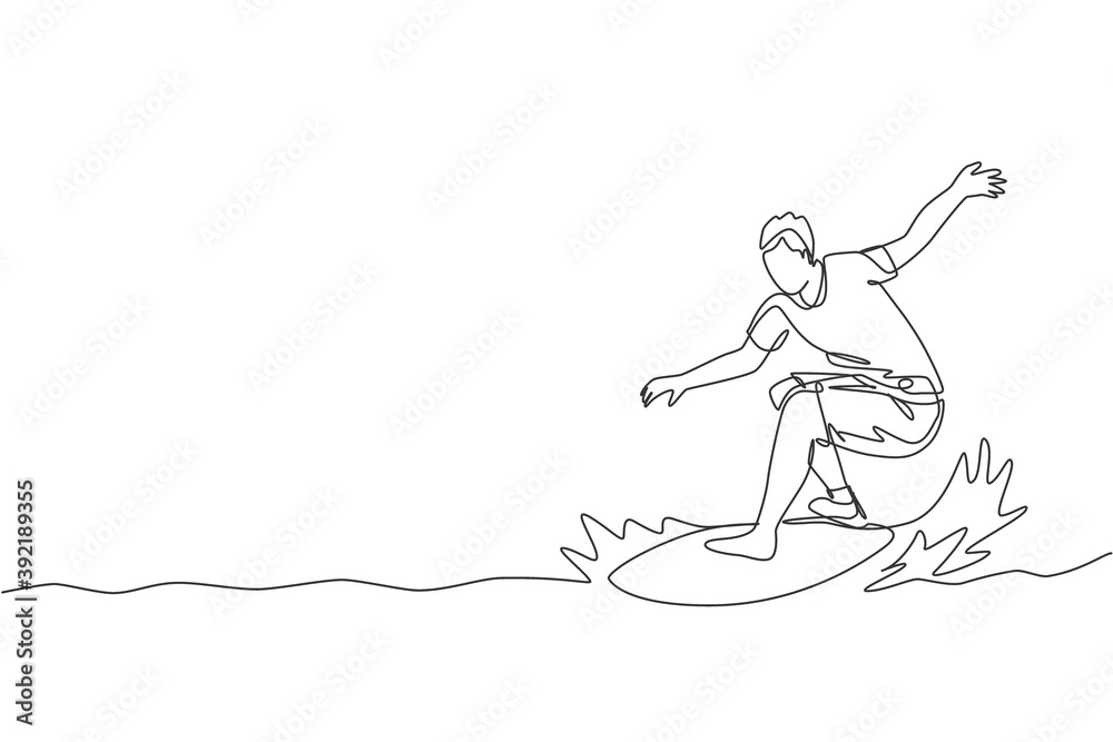 One continuous line drawing young happy tourist surfer exercising surfing on wavy ocean. Healthy extreme watersport concept. Summer holiday. Dynamic single line draw graphic design vector illustration One continuous line drawing young happy tourist surfer exercising surfing on wavy ocean. Healthy extreme watersport concept. Summer holiday. Dynamic single line draw graphic design vector illustration