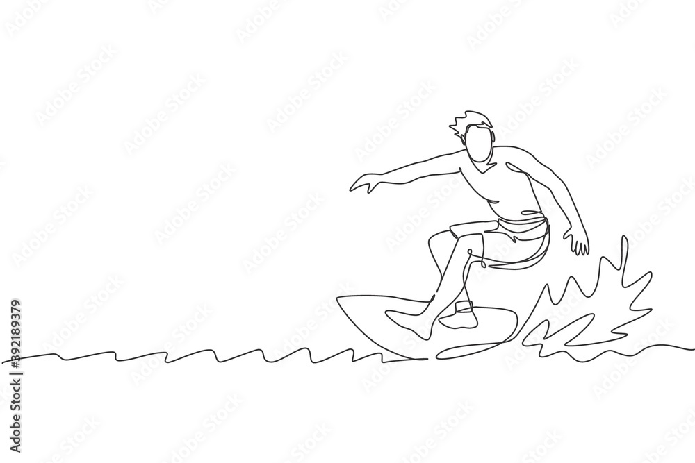 Single continuous line drawing young professional surfer in action riding the waves on blue ocean. Extreme watersport concept. Summer vacation. Trendy one line draw design graphic vector illustration