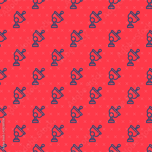 Blue line Radar icon isolated seamless pattern on red background. Search system. Satellite sign. Vector Illustration.