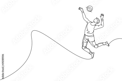 Single continuous line drawing of male young volleyball athlete player in action jumping spike on court. Team sport concept. Competition game. Trendy one line draw design graphic vector illustration