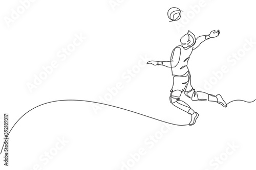 One single line drawing of young male professional volleyball player exercising jumping spike on court vector illustration. Team sport concept. Tournament event.  Modern continuous line draw design