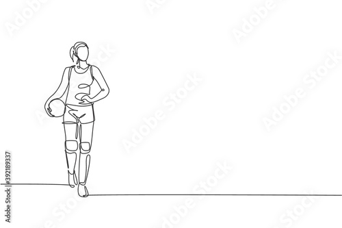 One single line drawing of young female professional volleyball player pose ready to take serve on court vector illustration. Team sport concept. Tournament event.  Modern continuous line draw design
