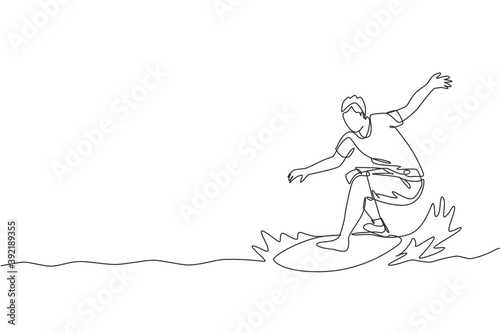 One continuous line drawing young happy tourist surfer exercising surfing on wavy ocean. Healthy extreme watersport concept. Summer holiday. Dynamic single line draw graphic design vector illustration