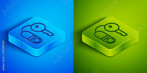 Isometric line House with key icon isolated on blue and green background. The concept of the house turnkey. Square button. Vector Illustration.