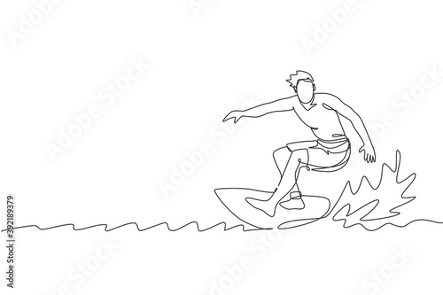 Single continuous line drawing young professional surfer in action riding the waves on blue ocean. Extreme watersport concept. Summer vacation. Trendy one line draw design graphic vector illustration