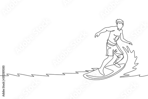 One continuous line drawing young happy tourist surfer exercising surfing on wavy ocean. Healthy extreme watersport concept. Summer holiday. Dynamic single line draw design vector illustration graphic