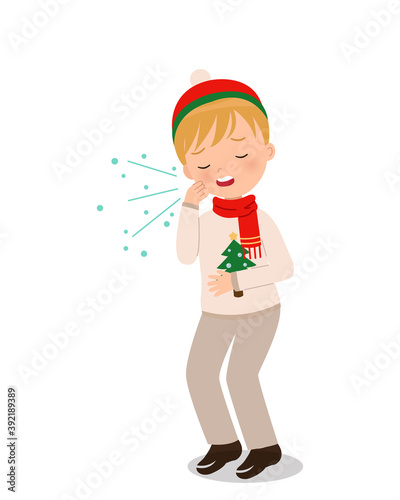 Cute boy in winter clothes coughing. Medical clip art. Flat vector isolated on white.