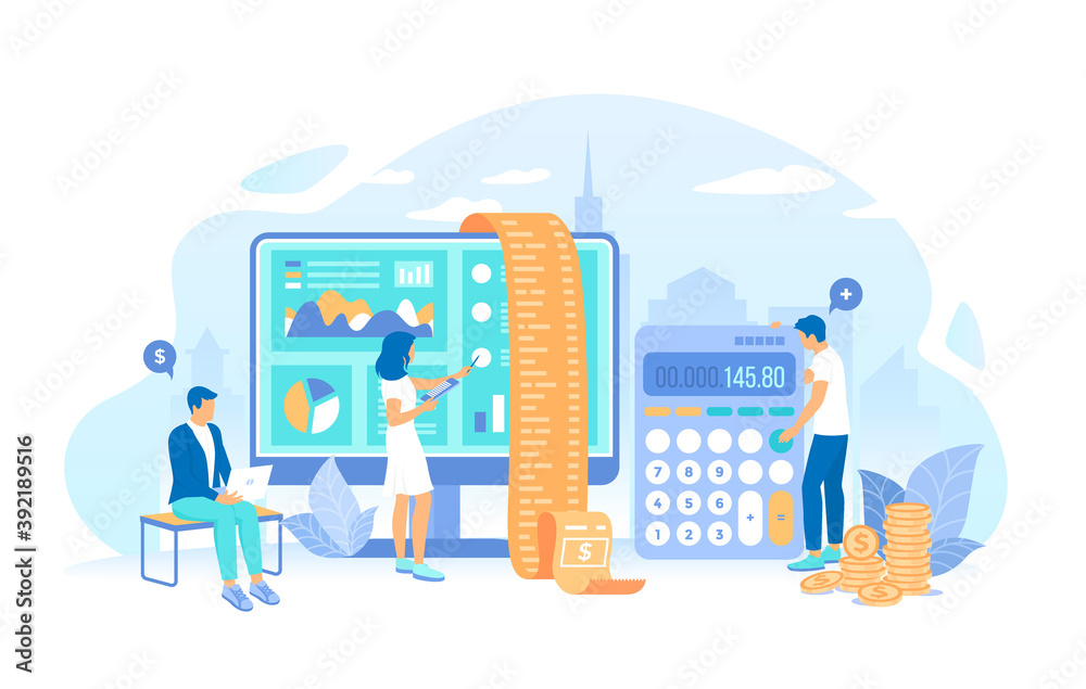 People work with documents, invoice, bill. Calculation, bookkeeping, economic audit, financial analysis, tax accounting, bill payment. Working process, teamwork communication. Vector illustration People work with documents, invoice, bill. Calculation, bookkeeping, economic audit, financial analysis, tax accounting, bill payment. Working process, teamwork communication. Vector illustration