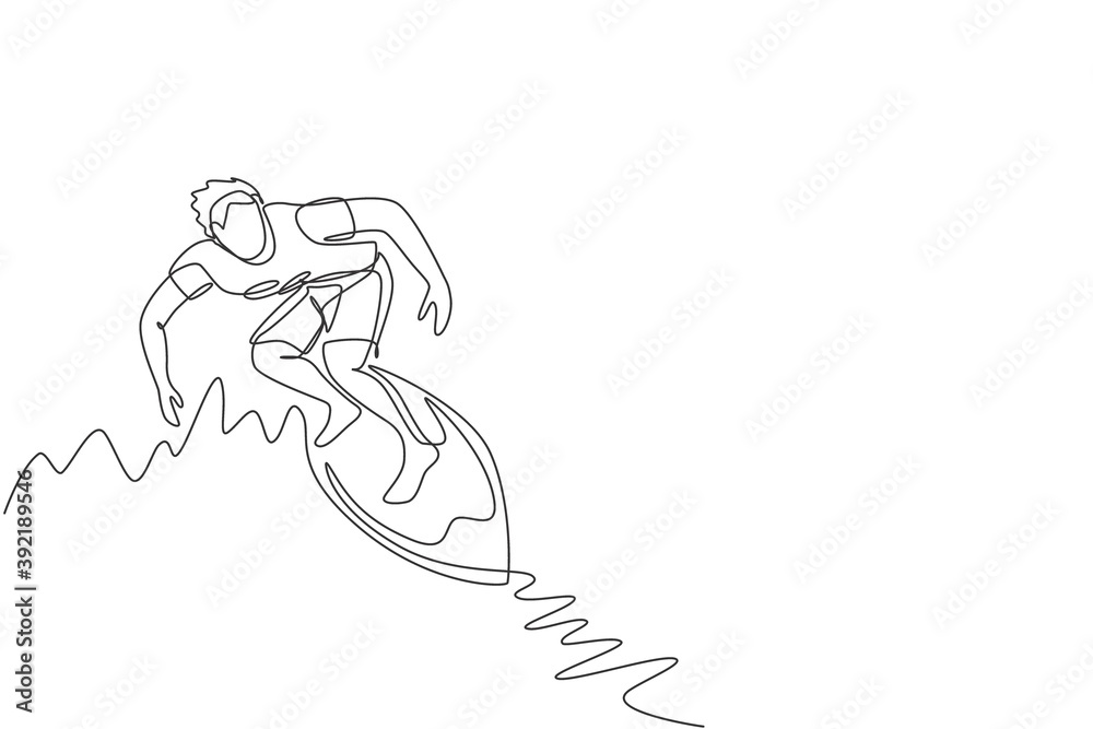 One single line drawing of young sporty surfer man riding on big waves barrel in surfing beach paradise vector illustration. Extreme water sport lifestyle concept. Modern continuous line draw design