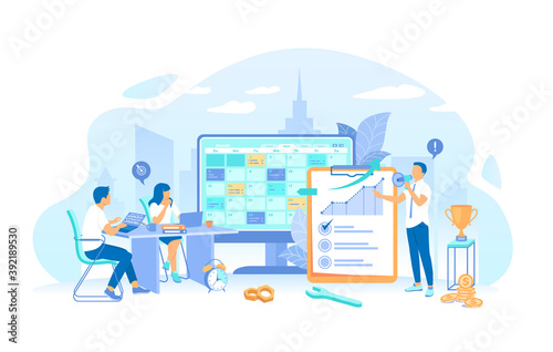 A business team distributed priority tasks for success project. Time Management Planning Schedule. Organization of working time. Working process, teamwork communication. Vector illustration flat style