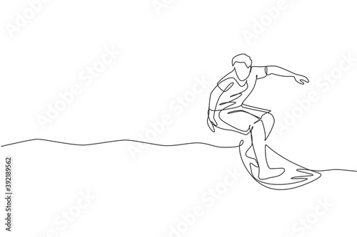 Single continuous line drawing young professional surfer in action riding the waves on blue ocean. Extreme watersport concept. Summer vacation. Trendy one line draw design vector graphic illustration