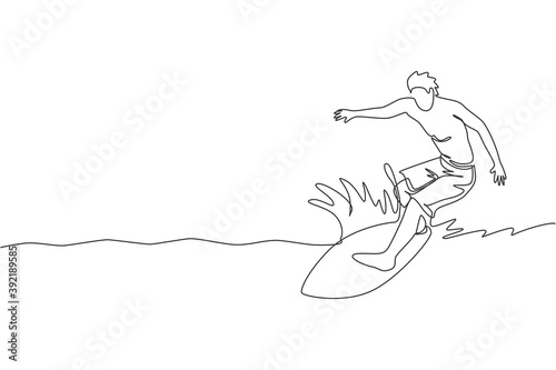 Single continuous line drawing young professional surfer in action riding the waves on blue ocean. Extreme watersport concept. Summer vacation. Trendy one line draw design vector illustration graphic