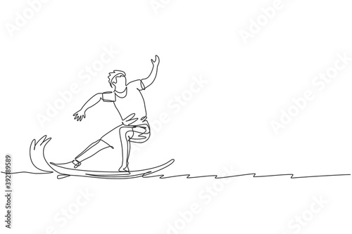Single continuous line drawing young professional surfer in action riding the waves on blue ocean. Extreme watersport concept. Summer vacation. Trendy one line draw design vector graphic illustration