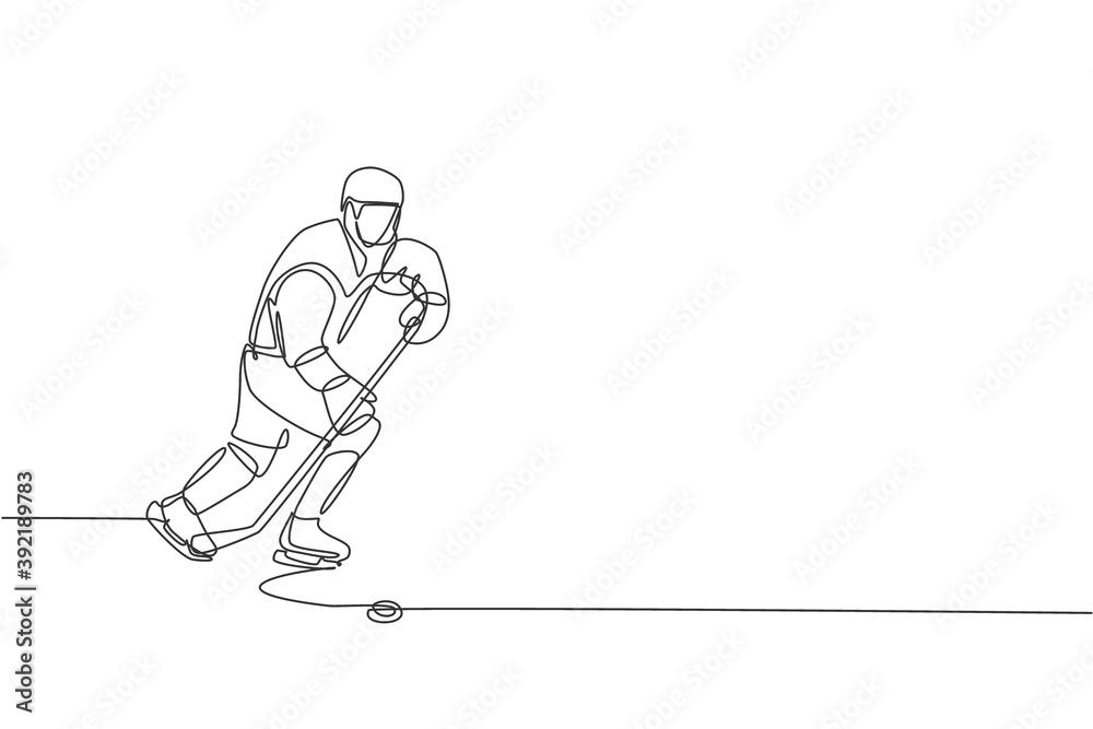 One continuous line drawing of young professional ice hockey player exercising and practicing on ice rink stadium. Healthy extreme sport concept. Dynamic single line draw design vector illustration One continuous line drawing of young professional ice hockey player exercising and practicing on ice rink stadium. Healthy extreme sport concept. Dynamic single line draw design vector illustration