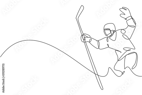 Single continuous line drawing of young professional ice hockey player hold the puck shot and defense on ice rink arena. Extreme winter sport concept. Trendy one line draw design vector illustration