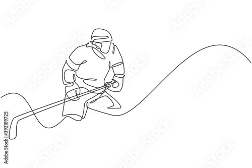 One continuous line drawing of young professional ice hockey player exercising and practicing on ice rink stadium. Healthy extreme sport concept. Dynamic single line draw design vector illustration