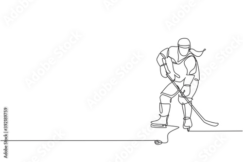 One single line drawing of young ice hockey player in action to play a competitive game on ice rink stadium graphic vector illustration. Sport tournament concept. Modern continuous line draw design