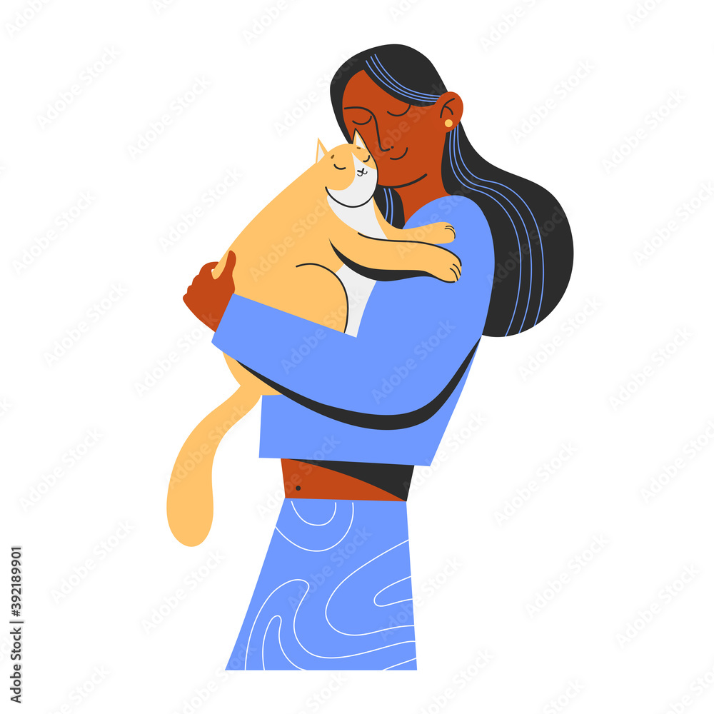 Cute, happy girl and flussy cat hugs. Care, comfort, love. Cute, happy girl and flussy cat hugs. Care, comfort, love.