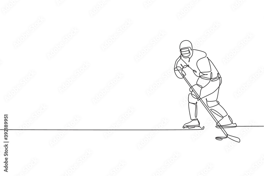 Fototapeta premium Single continuous line drawing of young professional ice hockey player hit the puck and attack on ice rink arena. Extreme winter sport concept. Trendy one line draw design vector illustration graphic