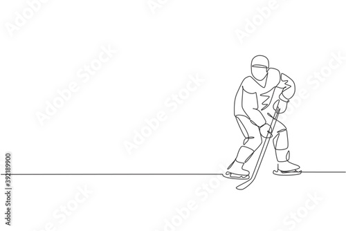 Single continuous line drawing of young professional ice hockey player hit the puck and attack on ice rink arena. Extreme winter sport concept. Trendy one line draw design vector illustration graphic