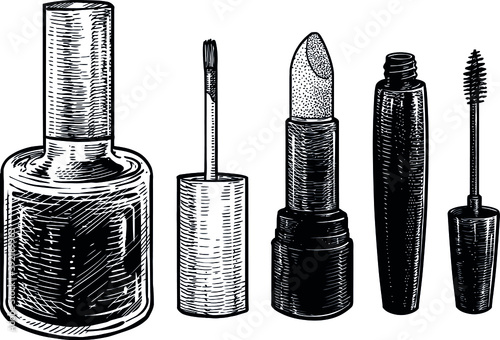 Makeup and cosmetics illustration, drawing, engraving, ink, line art, vector