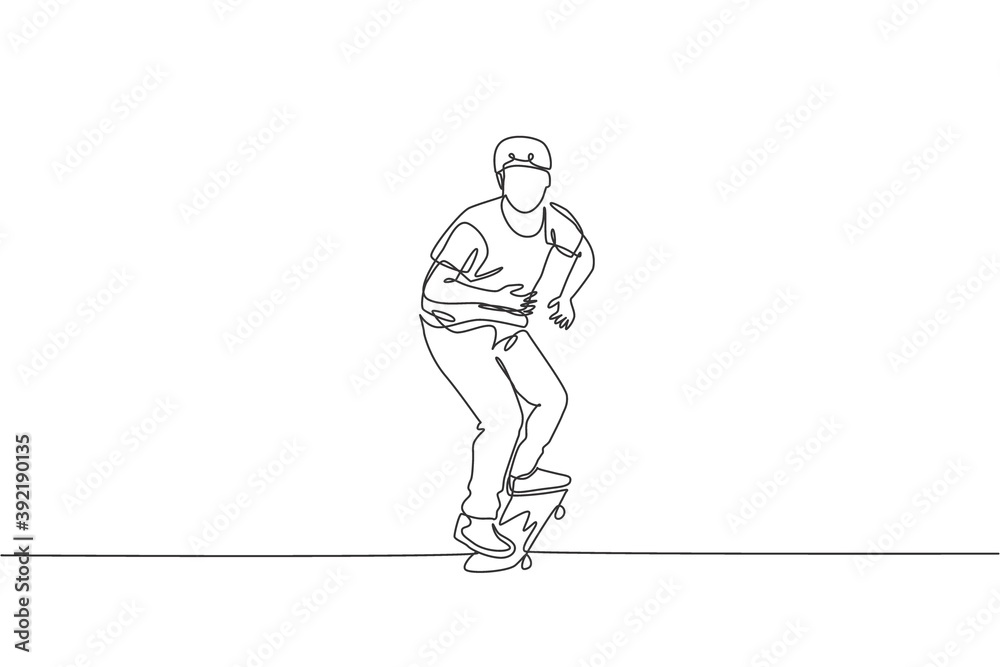 Single continuous line drawing of young cool skateboarder man riding skate and performing trick in skate park. Practicing outdoor sport concept. Trendy one line draw design vector illustration graphic