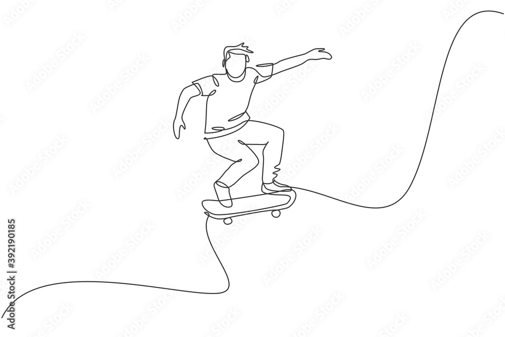 Single continuous line drawing of young cool skateboarder man riding skate and performing jump trick in skate park. Practicing outdoor sport concept. Trendy one line draw design vector illustration Single continuous line drawing of young cool skateboarder man riding skate and performing jump trick in skate park. Practicing outdoor sport concept. Trendy one line draw design vector illustration