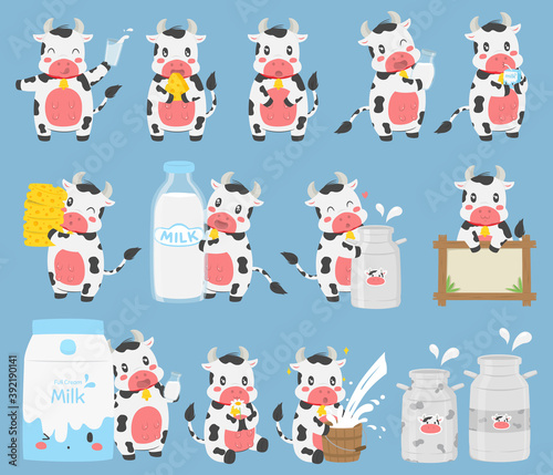 Cute farm cow mascot holding dairy products, vector set. 