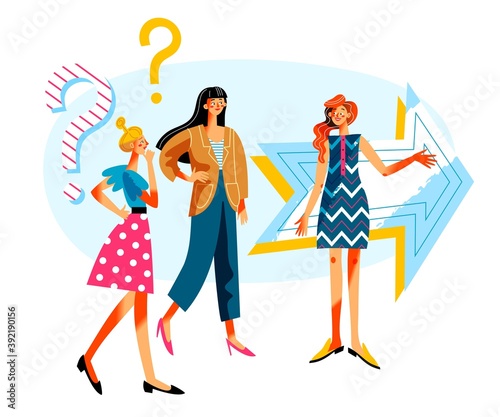 Refer friend program, woman recommending girls. Business referral vector illustration. People thinking, asking for job, friend recommending company with arrow. Question symbol signs
