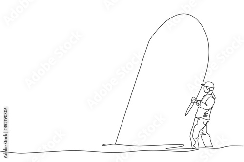 Single continuous line drawing of young happy fisher man fly fishing trout fish on open water river. Fishing hobby holiday concept. Trendy one line draw design vector graphic illustration