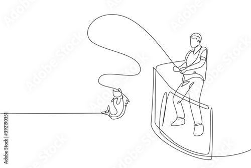 One continuous line drawing young happy fisherman standing and fishing on the sea from ferry boat. Fishing leisure hobby vacation concept. Dynamic single line draw graphic design vector illustration