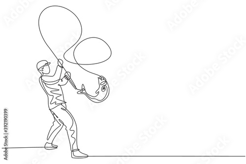Single continuous line drawing young happy fisher man fly fishing success to catch big trout fish in open river. Fishing hobby holiday concept. Trendy one line draw design vector illustration graphic