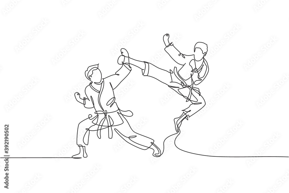 Single continuous line drawing of young confident karateka man in kimono practicing karate combat at dojo. Martial art sport training concept. Trendy one line draw design vector graphic illustration