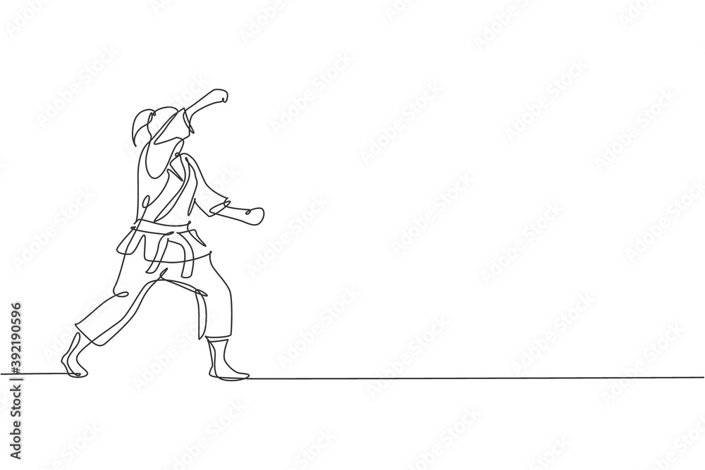 Single continuous line drawing of young confident karateka girl in kimono practicing karate combat at dojo. Martial art sport training concept. Trendy one line draw graphic design vector illustration