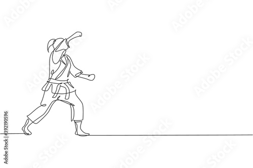 Single continuous line drawing of young confident karateka girl in kimono practicing karate combat at dojo. Martial art sport training concept. Trendy one line draw graphic design vector illustration