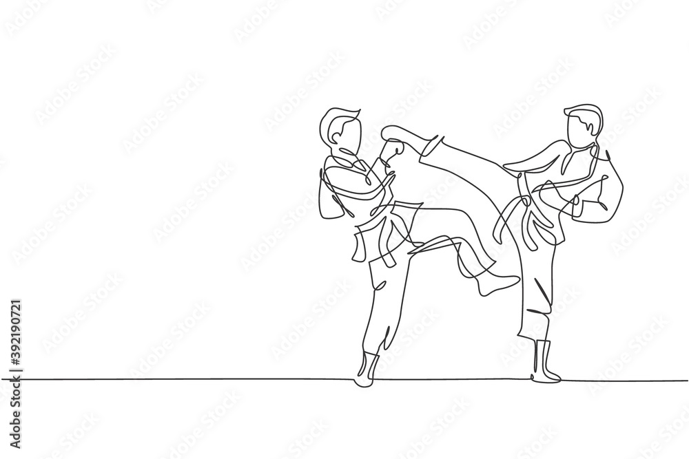 Obraz premium Single continuous line drawing two young confident karateka men in kimono practicing karate combat at dojo. Martial art sport training concept. Trendy one line draw design vector graphic illustration