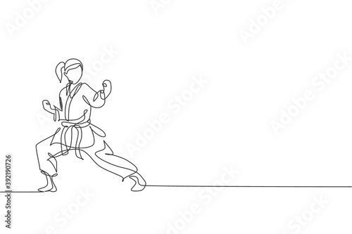 One single line drawing of young sporty karateka girl in fight uniform with belt exercising martial art at gym vector illustration. Healthy sport lifestyle concept. Modern continuous line draw design