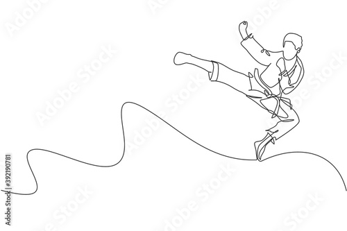 Single continuous line drawing of young confident karateka man in kimono practicing karate combat at dojo. Martial art sport training concept. Trendy one line draw graphic design vector illustration