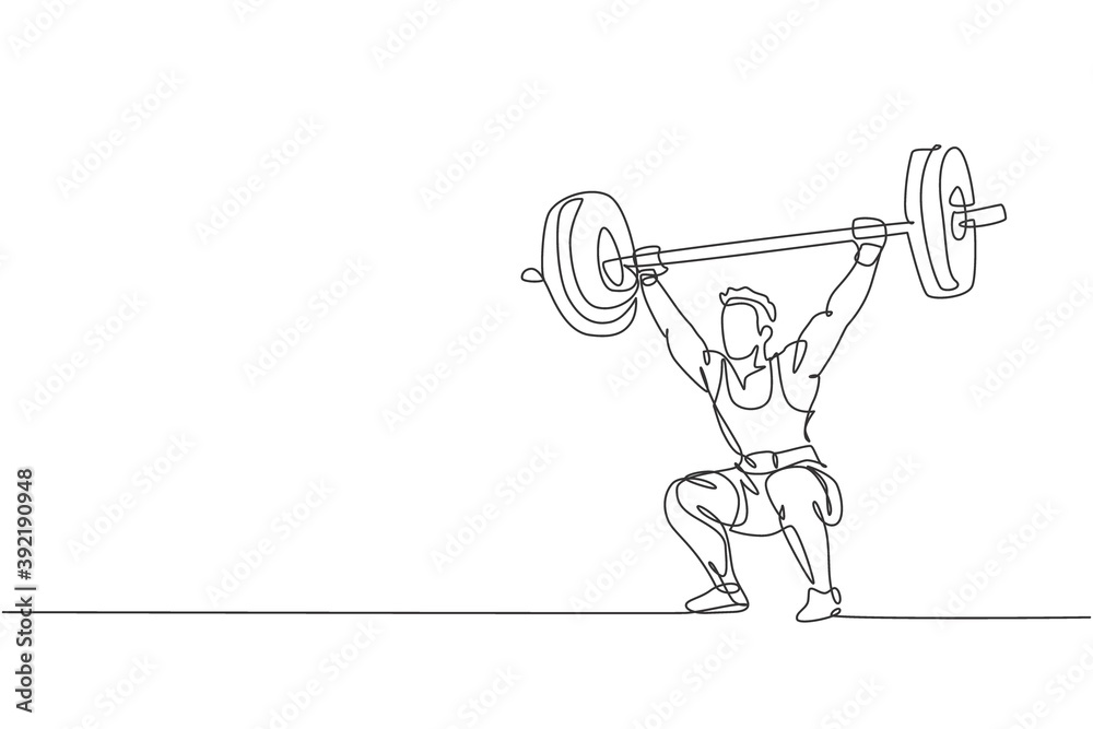 Single continuous line drawing of young strong weightlifter man preparing for barbell workout in gym. Weight lifting training concept. Trendy one line draw design vector graphic illustration